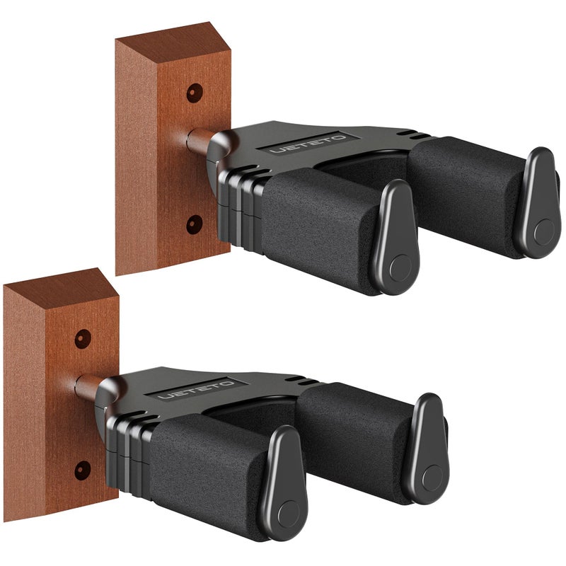 Ueteto Guitar Wall Mount Hanger  Hard Wood Base Guitar Hook Auto Locking for Acoustic  Classical  Electric  Bass Guitars  Ukuleles  2 Pack. - Image 1